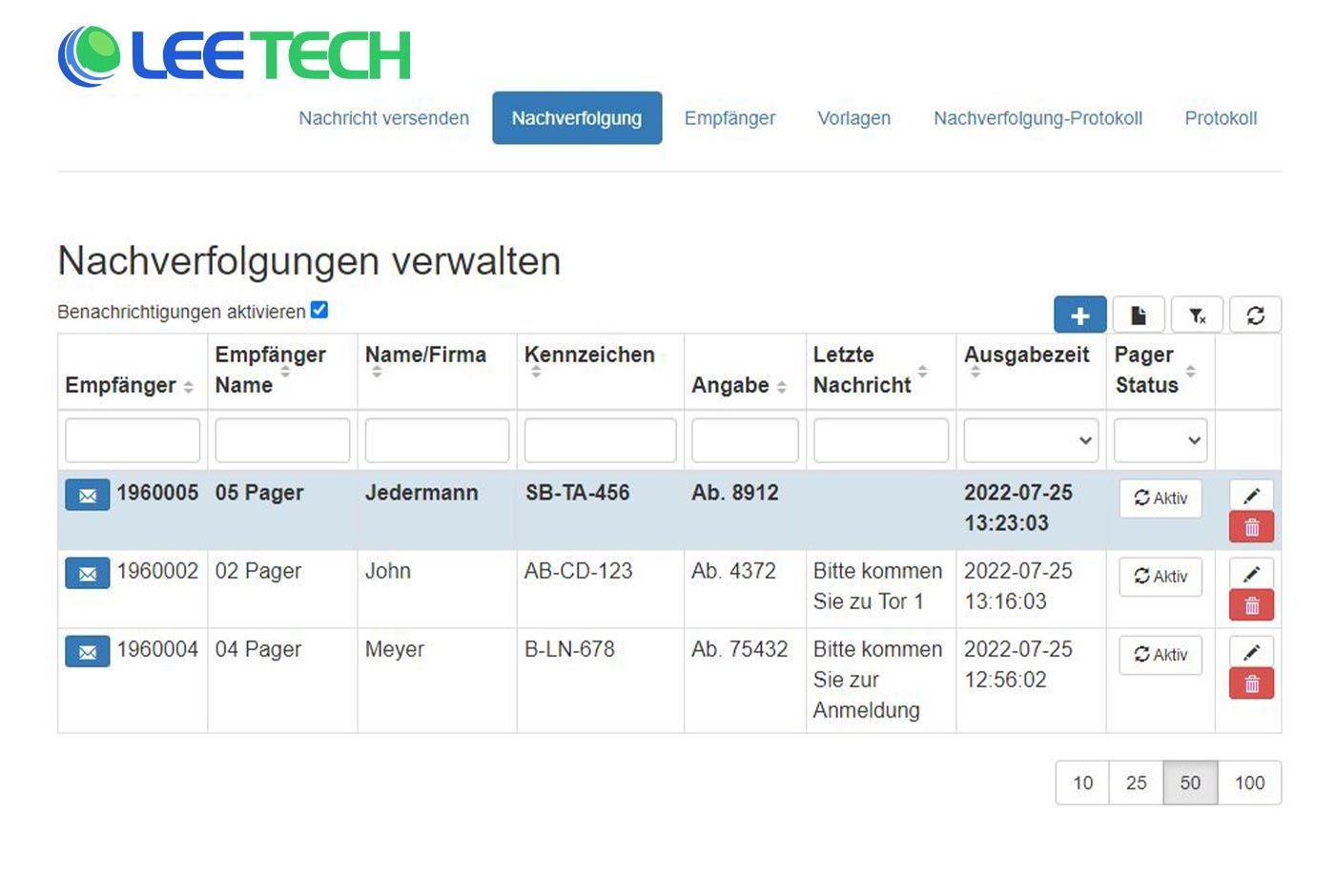 Softwareansicht: Nachverfolgung von Nachrichten