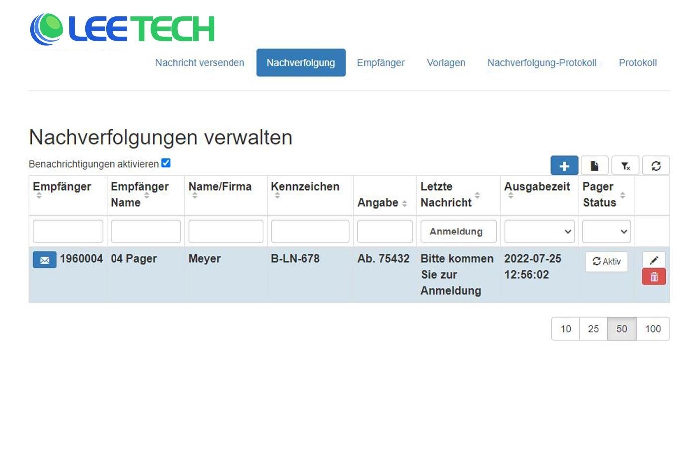 Softwareansicht: Nachverfolgung von Nachrichten verwalten