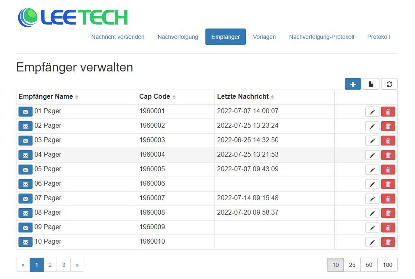 Softwareansicht: Empfänger verwalten
